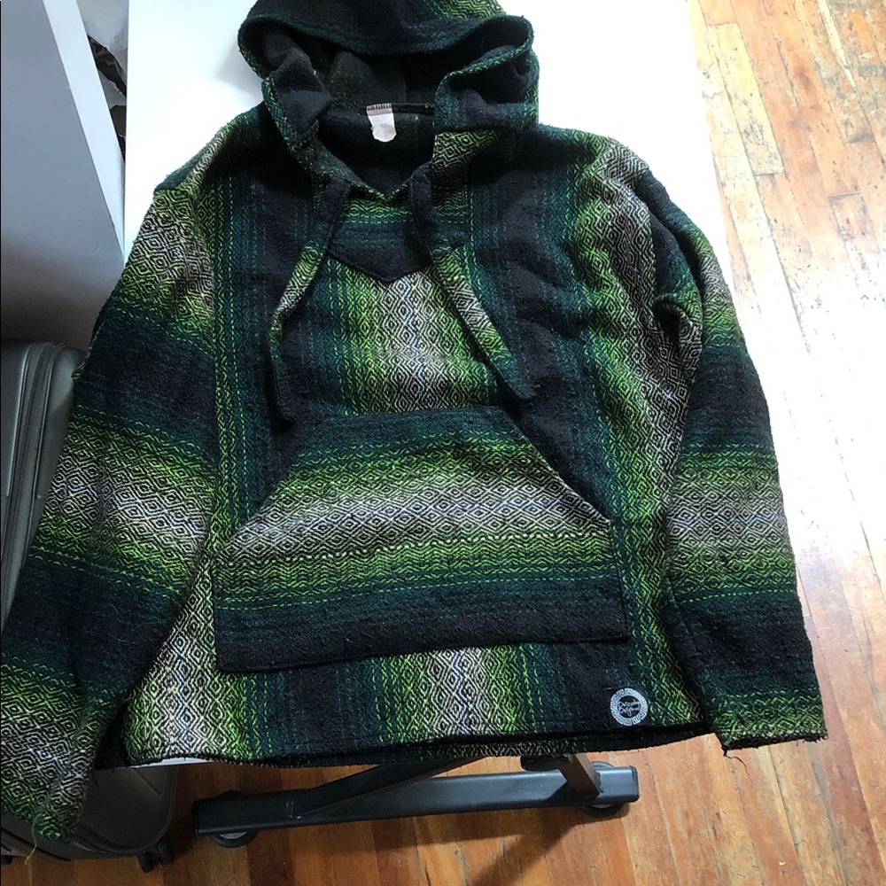 Green Striped Hooded Baja Sweater size large